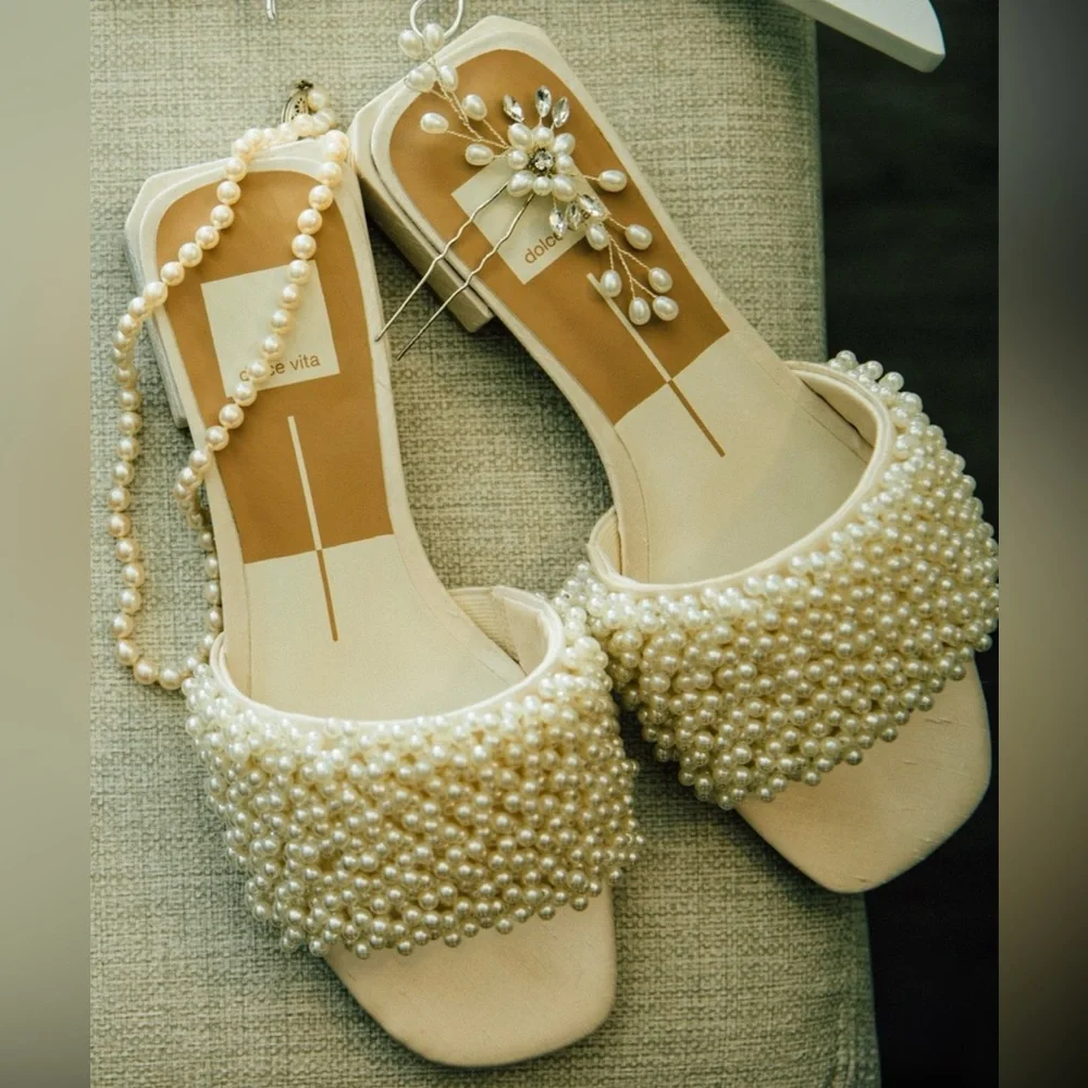 Dolce Vita Pearl Embellished Cream Sandals - Picture 1 of 4